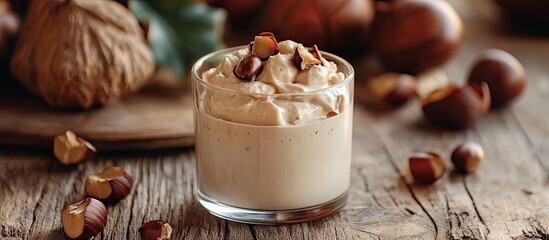 Poster - Chestnut cream in a clear glass with a dollop of whipped topping placed on a rustic wooden table surrounded by whole chestnuts and nuts