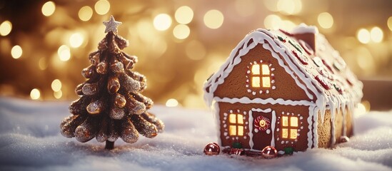 Poster - Cozy gingerbread house with icing details next to a sparkling Christmas tree toy, set against a soft snowy background and warm bokeh lights.