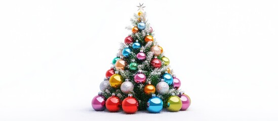 Poster - Festive tabletop mini Christmas tree adorned with shiny colorful baubles in vibrant reds, greens, and golds, set against a bright white background.