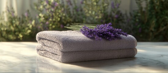 Leinwandbilder - Calming lavender sprigs atop folded light purple towels on a soft marble surface, creating a serene and aesthetic natural ambiance