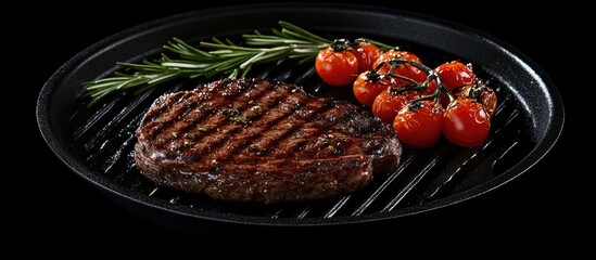Poster - Grilled beef steak on a black plate with striped grill marks, accompanied by bright red cherry tomatoes and green rosemary sprigs for garnish