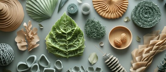 Aufkleber - Eco friendly crafted items displayed in pastel greens and earthy tones on a soft blue background showcasing intricate textures and natural forms.