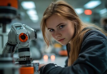 Poster - Young Female Engineer Intently Working with Robotic Arm in Modern Laboratory Setting Focused on Innovation and Technology Development
