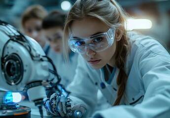 Poster - Young Female Scientist Working on Advanced Robotics Project in Laboratory, Focused on Innovation and Technology Development with a Futuristic Robot