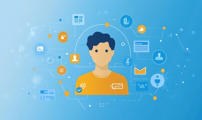 Poster - Young man with abstract digital icons representing innovation, technology, communication, and user engagement in a modern design landscape