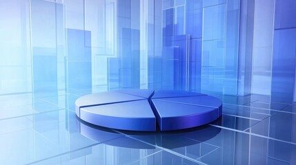 Poster - A D pie chart in blue tones, floating on a reflective surface with clean, minimal lighting, symbolizing data visualization in a modern, abstract style.