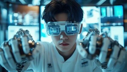 Poster - Young Scientist in Futuristic Lab with Robotic Gloves Engaged in High-Tech Experimentation, Immersed in Advanced Technology and Innovation