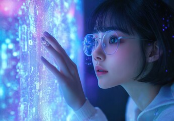 Poster - Young woman exploring a futuristic digital world with holographic interface while wearing stylish glasses and displaying curiosity and wonder