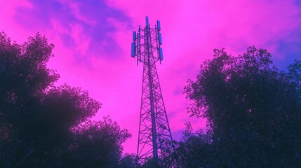 Poster - A cell phone tower surrounded by green trees at the base, standing tall against a vibrant sunset sky, highlighting technology and nature together.
