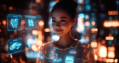 Poster - Young woman interacting with futuristic holographic technology in a vibrant digital environment, showcasing innovation and creativity in a modern lifestyle.