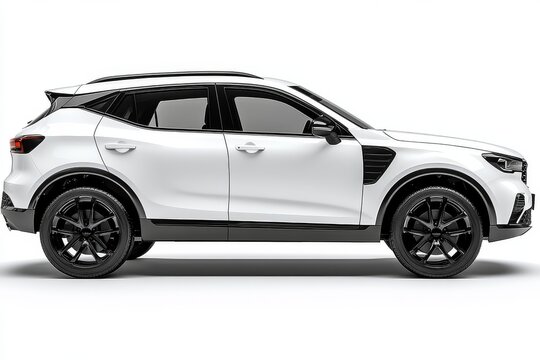 Side view of a white SUV with black accents, set against a white background in ultra-realistic rendering style, showcasing high-quality details.