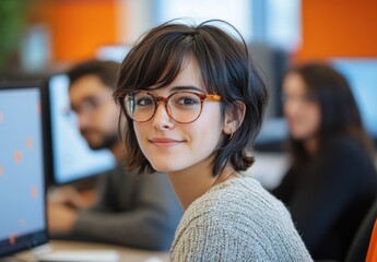 Poster - Young woman with stylish glasses smiles at the camera in a modern office environment, featuring blurred colleagues working at their computers