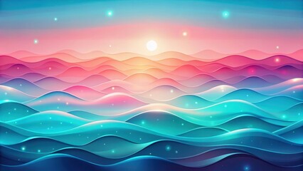 Wall Mural - serene sunset over dreamlike wavy landscape featuring vibrant hues and glimmering lights
