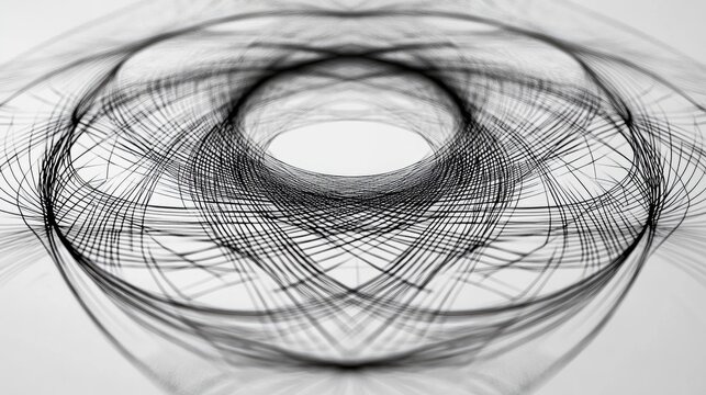 A close-up of intricate geometric patterns made from thin black lines on a white background, showcasing symmetry and precision in graphic design.