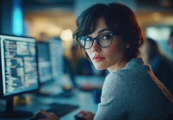 Aufkleber - Young woman with short dark hair and glasses focused on computer screen coding and programming in a modern office setting with soft lighting