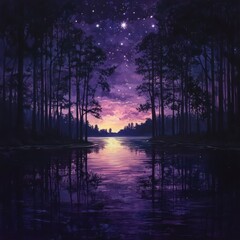 Fototapete - Twilight scene with a purplehued sky filled with glittering constellations Tranquil waters reflect the setting sun and silhouetted trees enhanced by a mezzoforce ice effect and a subtle rainbow glow