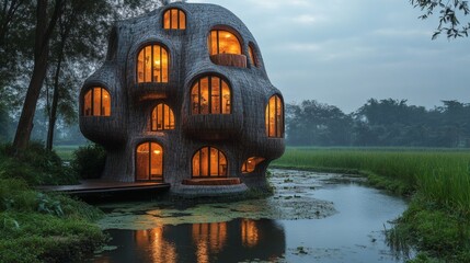 Poster - Twilight view of a skullshaped wooden building emitting a warm glow from its windows Resting on a floating lily pad surrounded by lush rice paddies and water channels that mirror the skys fading light