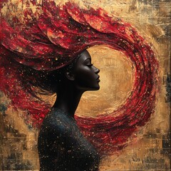 Fototapete - Vibrant profile of woman emerging a swirling vortex of red gemstones and cosmic textures Glittering gold accents highlight her beauty with deep shadows creating an ethereal otherworldly atmosphere