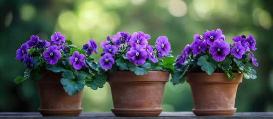 Canvas Print - Terracotta pots with vibrant African Violet plants showcase stunning purple flowers in sharp focus, set against a blurred lush green background.