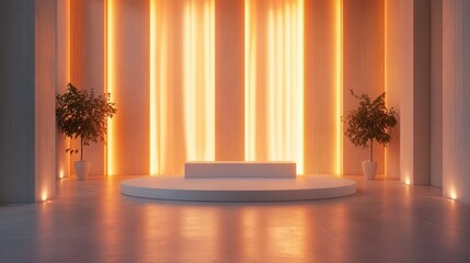 Wall Mural - A tall, thin white podium with clean lines and soft ambient lighting 