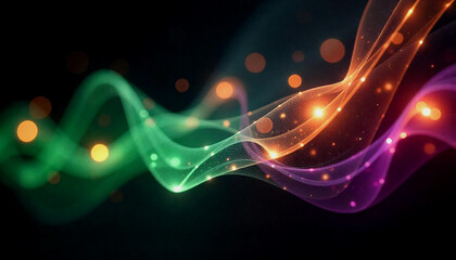 Fototapete - Vibrant abstract background with glowing orbs of green, purple, and orange lights, blending into a harmonious gradient, showcasing a dynamic swirl pattern