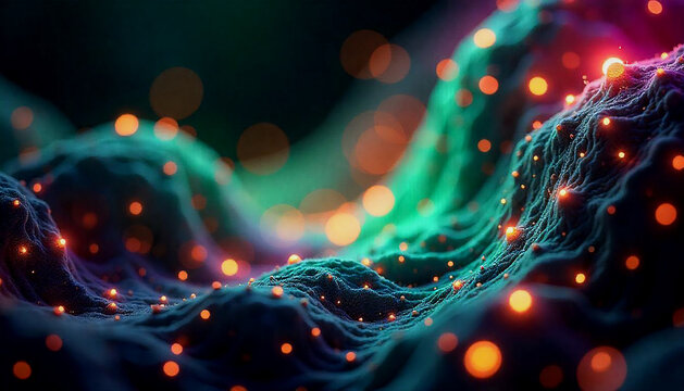 Vibrant abstract background with glowing orbs of green, purple, and orange lights, blending into a harmonious gradient, showcasing a dynamic swirl pattern