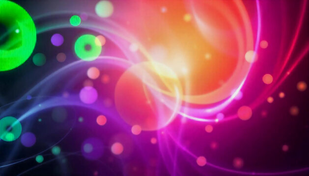 Vibrant abstract background with glowing orbs of green, purple, and orange lights, blending into a harmonious gradient, showcasing a dynamic swirl pattern