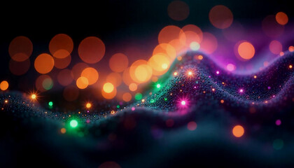Fototapete - Vibrant abstract background with glowing orbs of green, purple, and orange lights, blending into a harmonious gradient, showcasing a dynamic swirl pattern