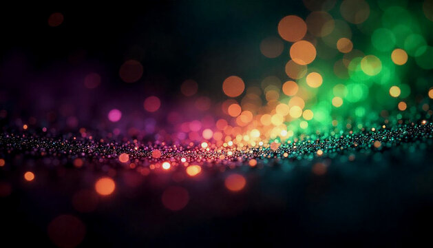 Vibrant abstract background with glowing orbs of green, purple, and orange lights, blending into a harmonious gradient, showcasing a dynamic swirl pattern