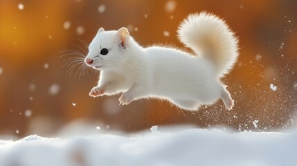 Poster - Vibrant wildlife photo of a white stoat joyfully leaping in midair set against a snowy field The background fades into earthy tones highlighting the stoat's fur and exuberant energy in sharp focus