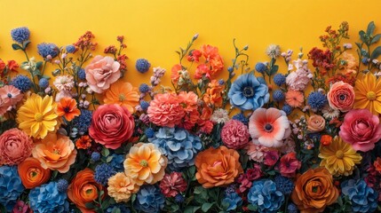 Poster - Vibrant yellow backdrop with a detailed floral theme The realistic photo showcases an array of flowers in rich bright hues creating an eyecatching and lively composition