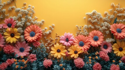 Fototapete - Vibrant yellow backdrop with a detailed floral theme The realistic photo showcases an array of flowers in rich bright hues creating an eyecatching and lively composition