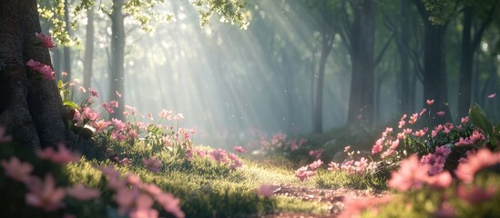 Wall Mural - Serene forest path illuminated by soft morning light with vibrant pink blossoms on either side showcasing the awakening beauty of springtime nature