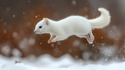 Poster - Vivid wildlife photo captures a leaping white stoat midflight with playful joy in a snowcovered landscape The blurred earthy background enhances the contrast and sharp focus on the stoat's fur
