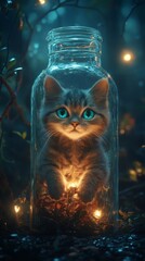 Fototapete - Whimsical cat inside a clear glass bottle expressive eyes glowing against a dark forest background Detailed texture and realistic lighting create a highly detailed cinematic surreal scene