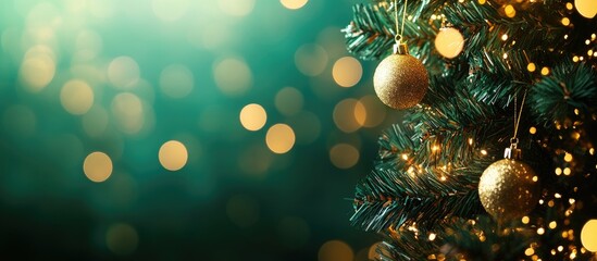 Wall Mural - Vibrant green and gold bokeh background with Christmas tree ornaments positioned on the right creates a festive atmosphere for New Year celebrations