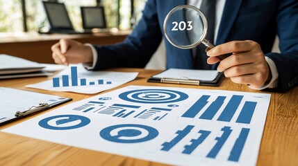 Poster - Businessman analyzing 203 data charts, office background; financial report