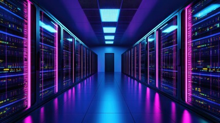 Poster - Futuristic Data Center with Bright Neon Lights and Technology Vibes