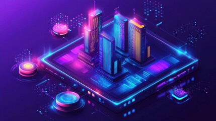 Poster - Futuristic Cityscape on a Digital Device in Neon Colors