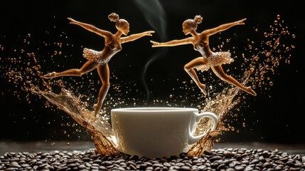 Fototapete - Whimsical photo with two ballet dancers made of plastic soaring gracefully above a white coffee cup on a bed of scattered beans The coffee splash captures movement against a dark background