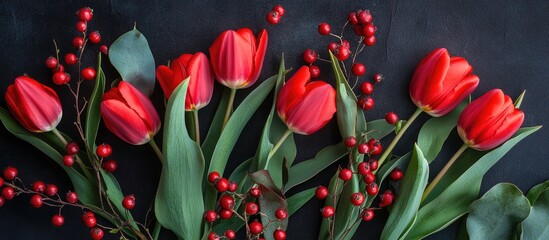 Canvas Print - Vibrant floral arrangement with red tulips and red berries on a black background surrounded by green leaves showcasing organic spring beauty