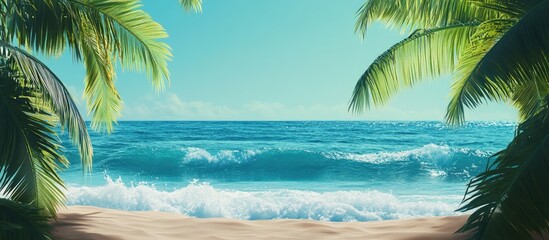  Tropical beach with gentle turquoise waves and sandy shore framed by green palm leaves providing ample open space for promotional text.