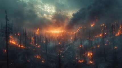 Poster - Wildfire's aftermath with a horizon of glowing embers scorched trees reaching into the smokefilled sky and blackened earth stretching endlessly in a haunting postapocalyptic scene