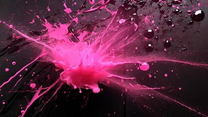 Poster - Dynamic pink paint explosion on black surface captured in three progressive frames