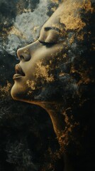 Fototapete - Woman's face dissolves into the air soft light casting long shadows Muted tones with a hint of gold abstract smooth and velvety texture Dark mysterious background surrealism on canvas