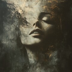Poster - Woman's face dissolves into the air soft light casts long shadows Muted desaturated colors with a hint of gold in an abstract pattern Dark mysterious background surrealism in a smooth canvas texture