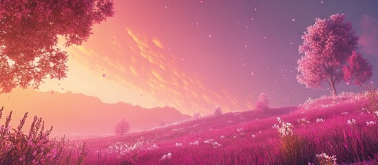 Wall Mural - Serene landscape with vibrant pink sky and soft white clouds above a lush field, green hills, and blossoming trees creating a tranquil scene