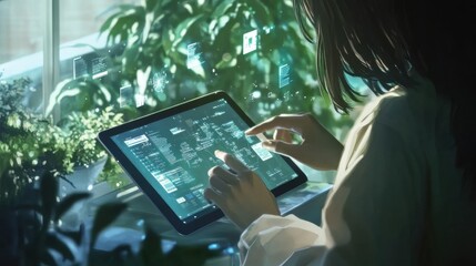 Poster - Hands Interacting with Tablet Surrounded by Greenery in Bright Room