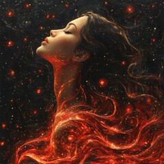 Poster - Woman's profile glowing with beauty as it rises from a swirl of red gemstones and cosmic textures Glittering gold highlights her form while shadows add depth to the abstract and mystical scene