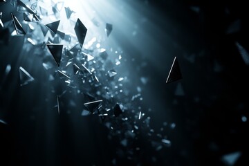 Fototapete - Abstract 3D rendering of floating low-poly pyramids with glowing outlines., Generative AI